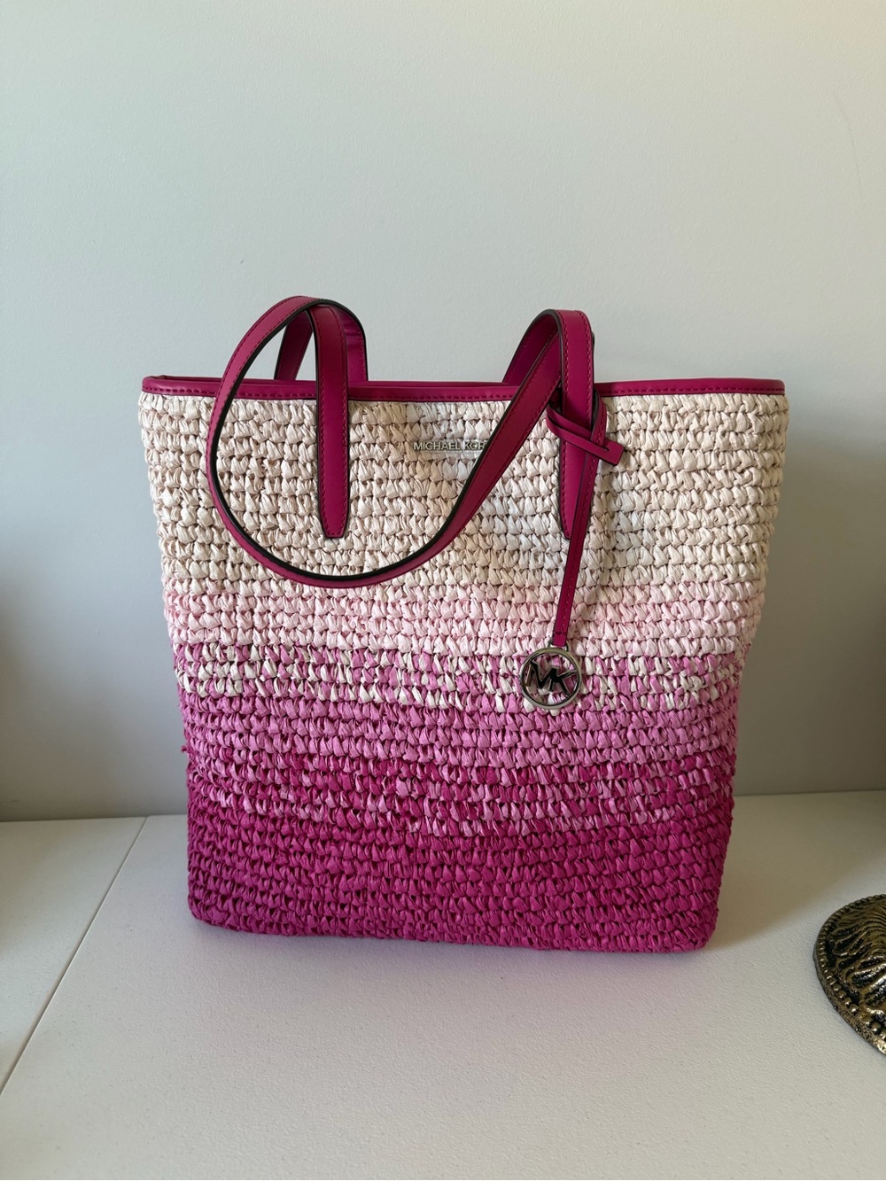 Michael Kors Large Pink Ombre Straw Tote Bag